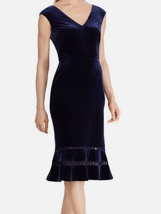 Lauren Ralph Lauren Dresses & Skirts - Ralph Lauren Navy Velvet Coctail Dress with Fluted Hem Lace Lined Size 8 NWT